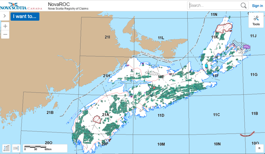 The Nova Scotia government's official Registry of Claims (NovaROC) map from 202 showing mineral and exploration licenses in the province, in green, on a white background.